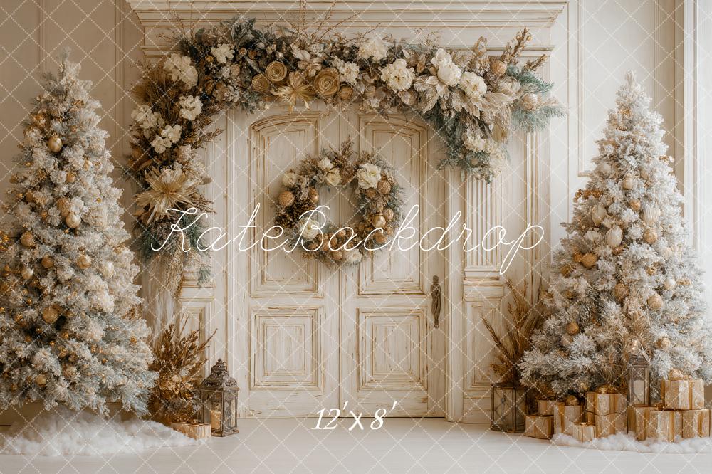 Kate Christmas Boho Gold White Trees Floral Door Backdrop Designed by Ashley Paul