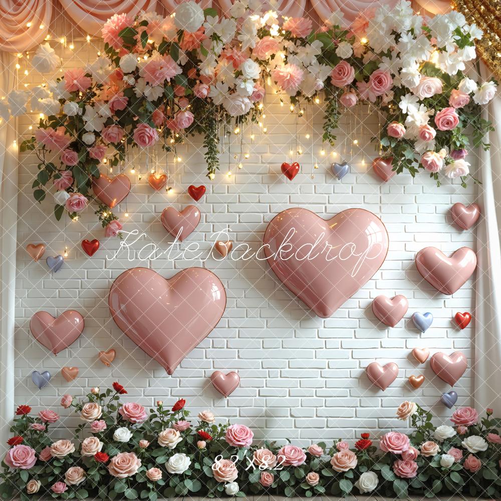 Kate Heart Balloons Pink Roses White Brick Wall Backdrop Designed by Mini MakeBelieve