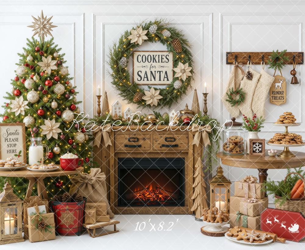 Kate Christmas Tree Fireplace Cookies Santa Wreath Table Printed Backdrop Designed by Mini MakeBelieve