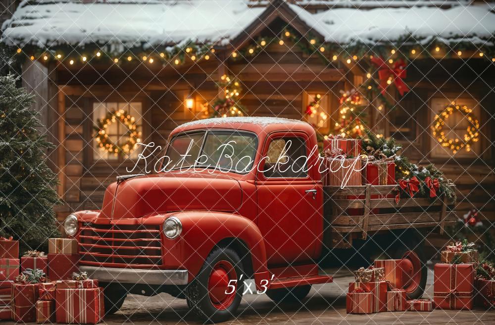 Kate Christmas Red Truck Snowy Cabin Gifts Backdrop Designed by Emetselch