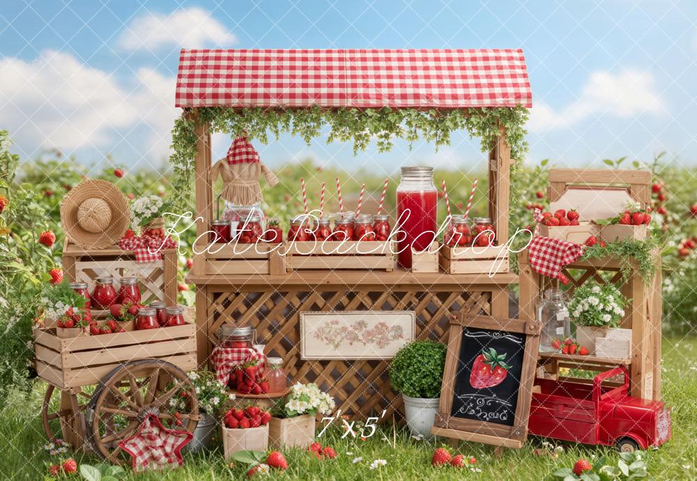 Kate Summer Strawberry Market Stand Wagon Crates Gingham Printed Backdrop Designed by Emetselch