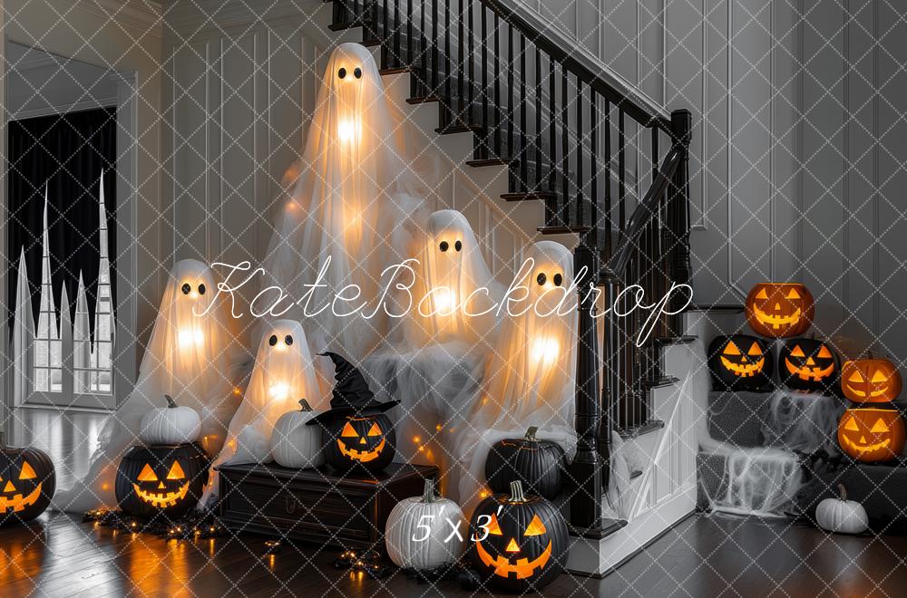 Kate Halloween Spooky Ghosts Pumpkins Stairs Backdrop Designed by Mini MakeBelieve