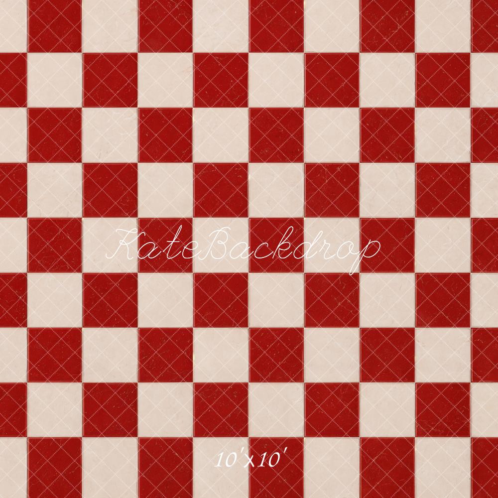 Kate Red White Checkerboard Floor Printed Backdrop Designed by Emetselch
