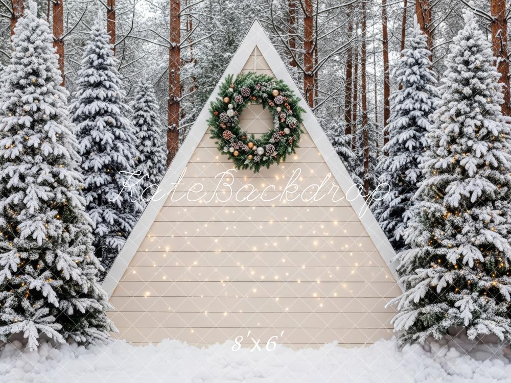Kate Christmas Snowy Cabin Pine Trees Wreath Backdrop Designed by Patty Roberts