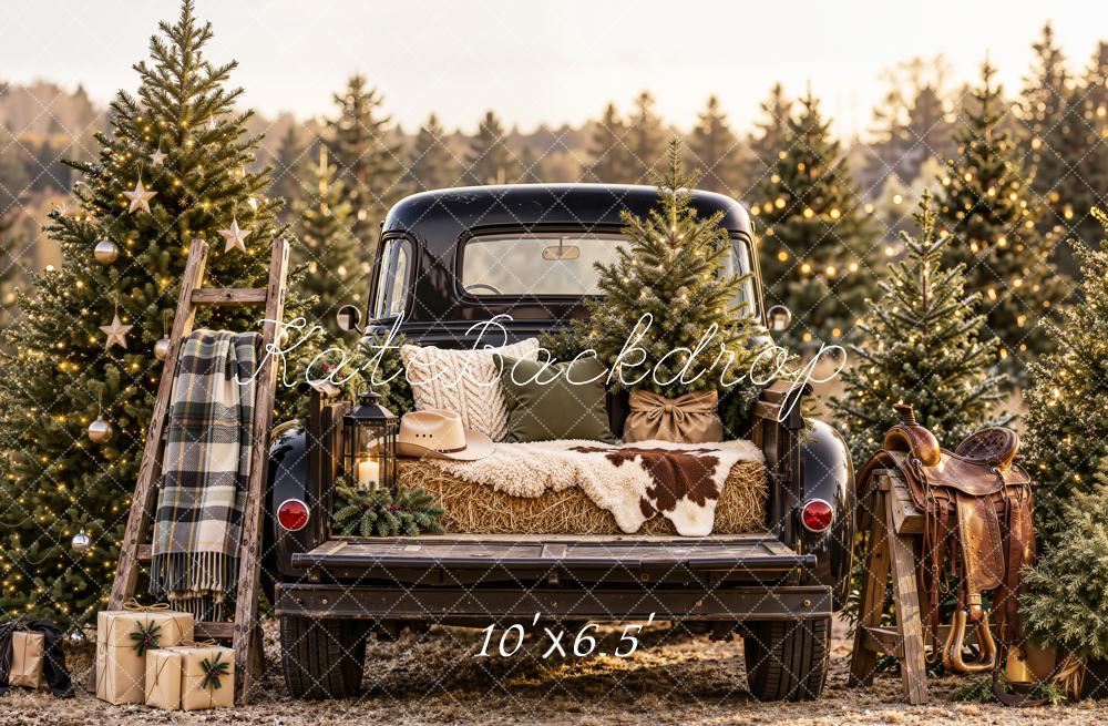 Kate Christmas Vintage Black Truck Pine Trees Ladder Saddle Printed Backdrop Designed by Emetselch