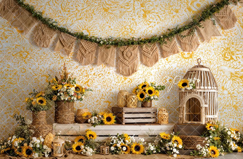 Kate Boho Sunflower Wicker Basket Birdcage Yellow Floral Printed Backdrop Designed by Emetselch