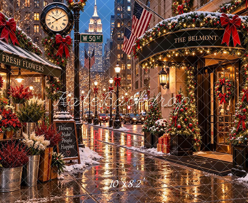 Kate Christmas Snowy New York City Flower Shop Street Printed Backdrop Designed by Shutter Swan Studios