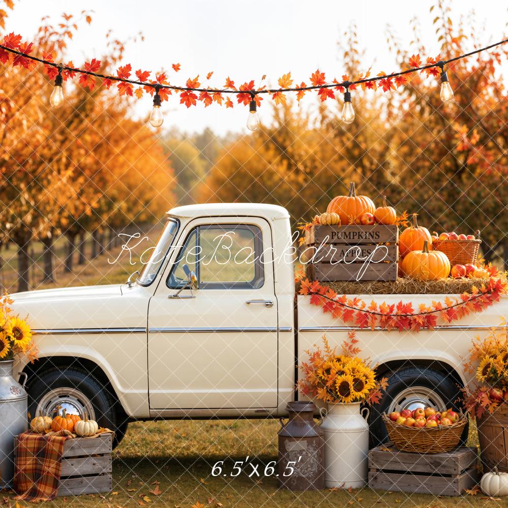 Kate Fall White Truck Pumpkins Sunflowers Maple Forest Printed Backdrop Designed by Emetselch
