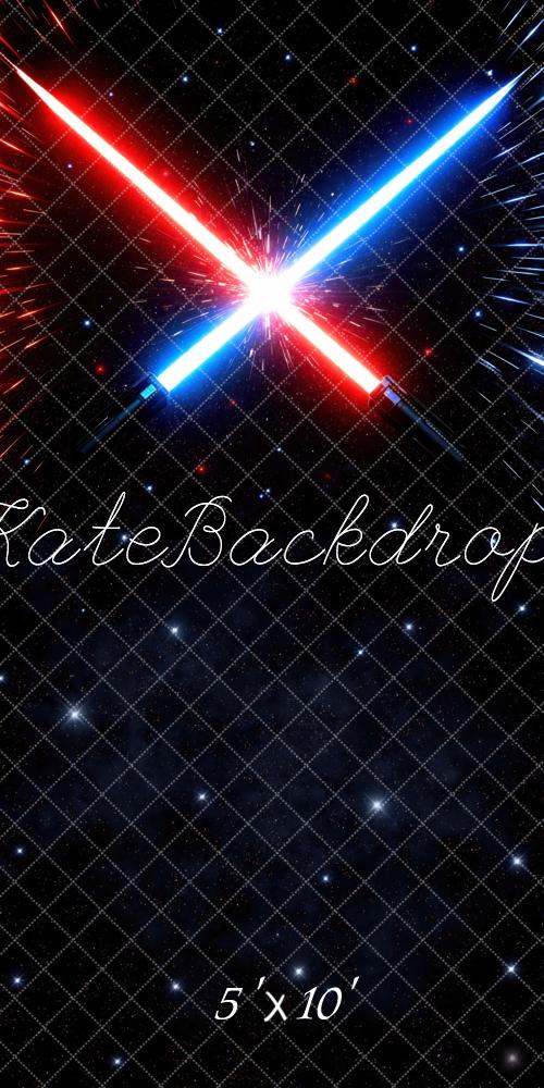 Kate Sweep Red Blue Crossed Glow Swords Space Printed Backdrop Designed by Mini MakeBelieve