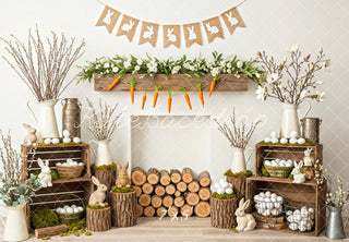 Kate Easter Bunny Rustic Carrots White Eggs Floral Fireplace Printed Backdrop Designed by Patty Roberts