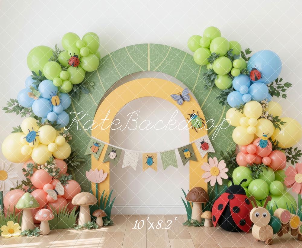 Kate Cake Smash Cute Insects Caterpillar Balloons Arch Mushrooms Ladybug Printed Backdrop Designed by Mini MakeBelieve