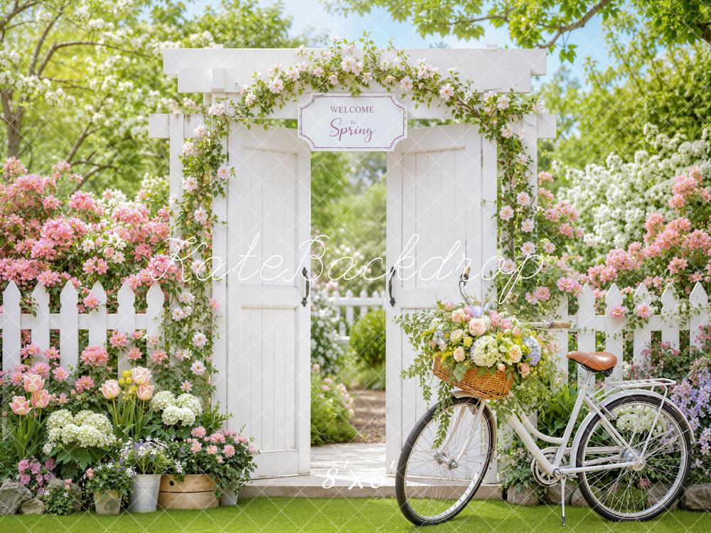 Kate Spring Garden Gate Flower Arch Bicycle Fence Printed Backdrop Designed by Emetselch
