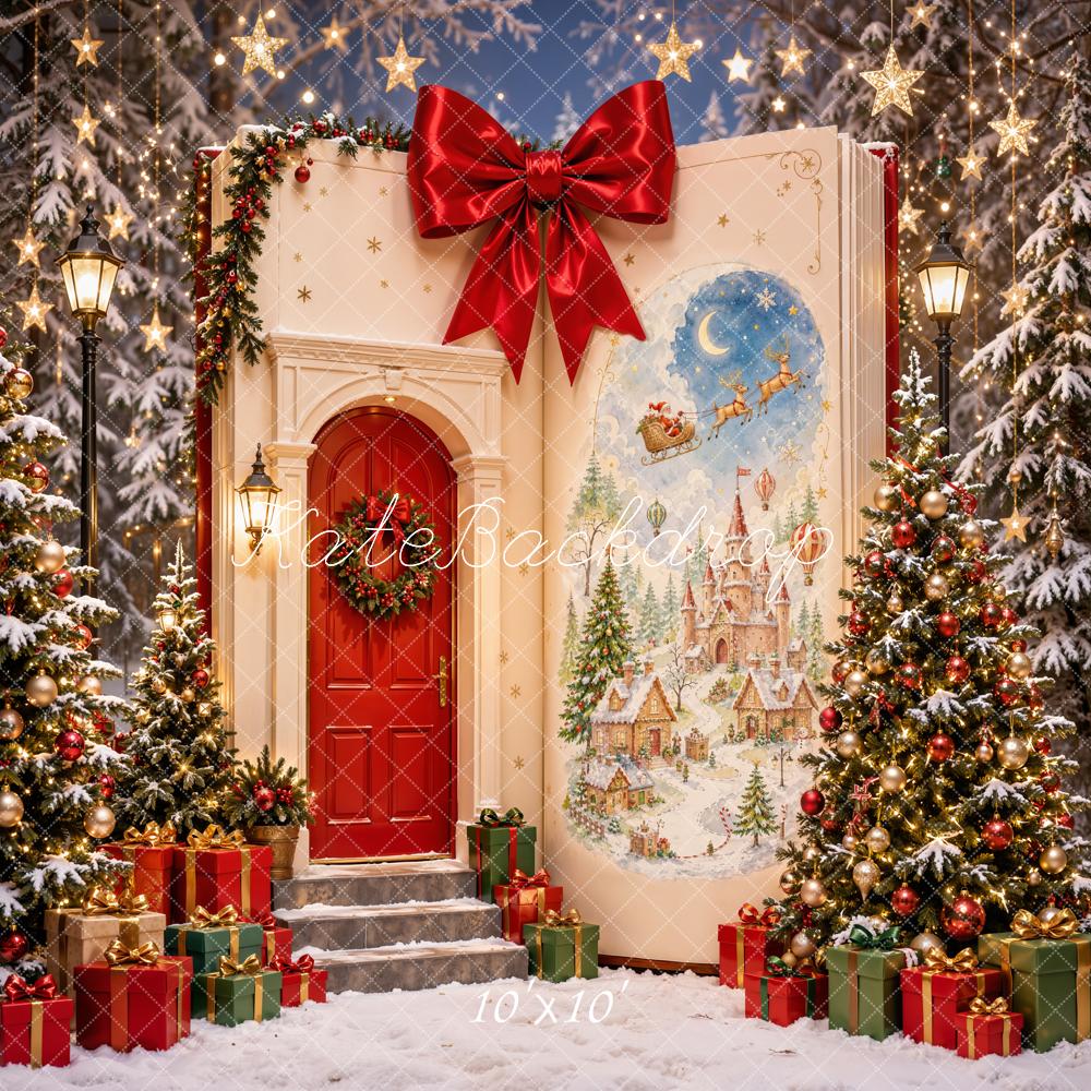 Kate Christmas Storybook Snowy Doorway Red Bow Christmas Trees Castle Printed Backdrop Designed by Emetselch