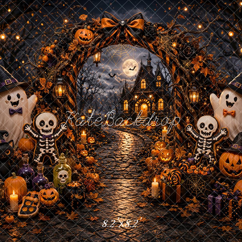 Kate Halloween Trick Or Treat Pumpkin Ghost Arch Skeleton Haunted House Printed Backdrop Designed by Emetselch