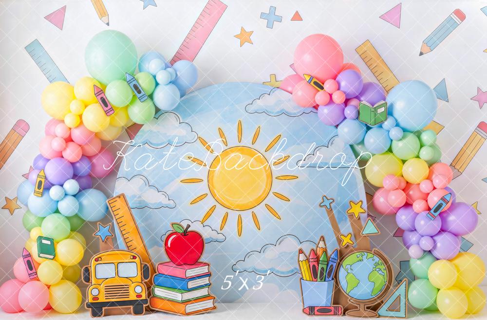 Kate Back To School Colorful Balloon Arch School Supplies Printed Backdrop Designed by Mini MakeBelieve