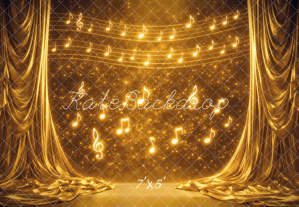 Kate Stage Golden Musical Notes Sparkle Curtain Printed Backdrop Designed by Mini MakeBelieve