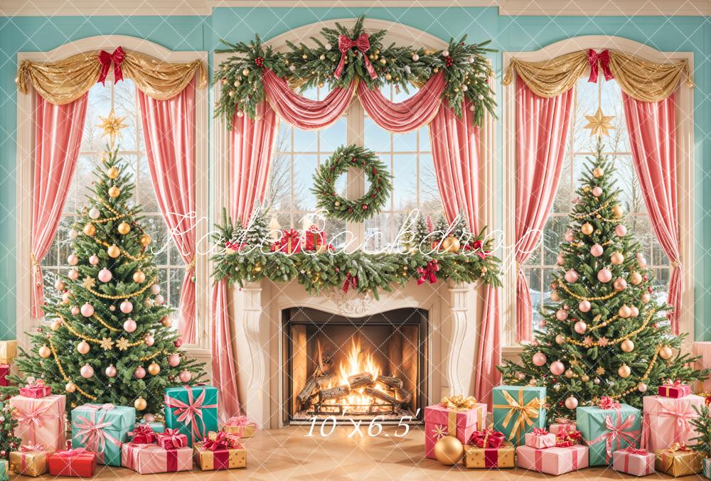 Christmas Tree Fireplace Window Pink Curtains Foto Achtergrond Designed by Emetselch