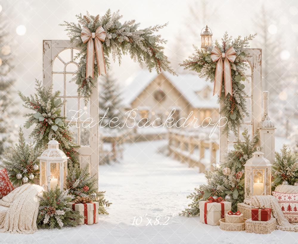 Kate Christmas Door Snowy Arch Garland Lanterns Village Printed Backdrop Designed by Emetselch