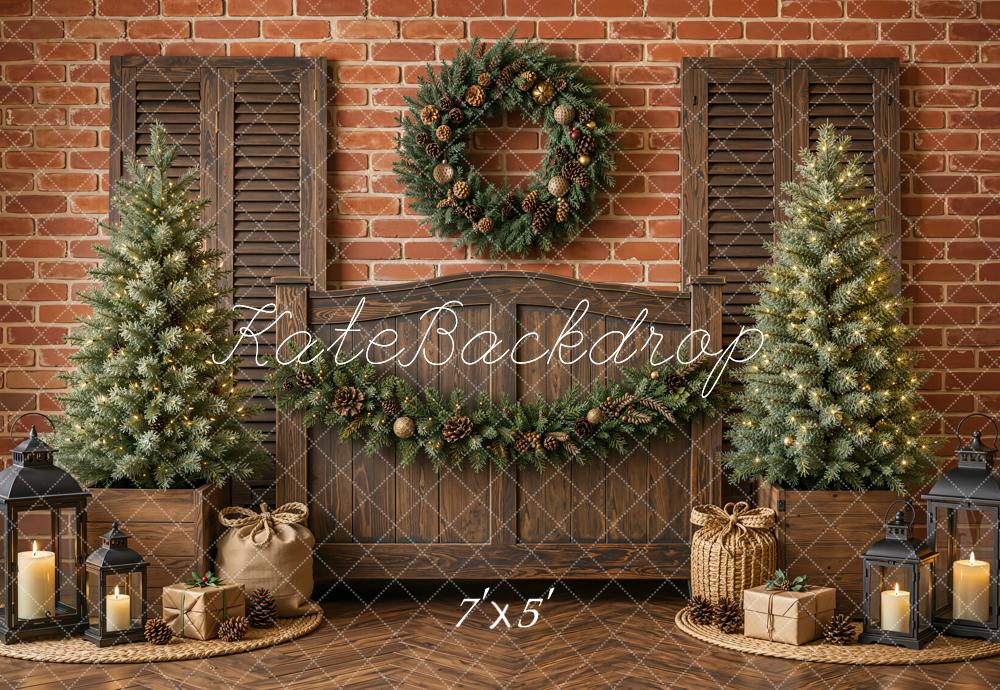 Kate Christmas Headboard Rustic Wood Christmas Tree Wreath Garland Brick Wall  Printed Backdrop Designed by Emetselch