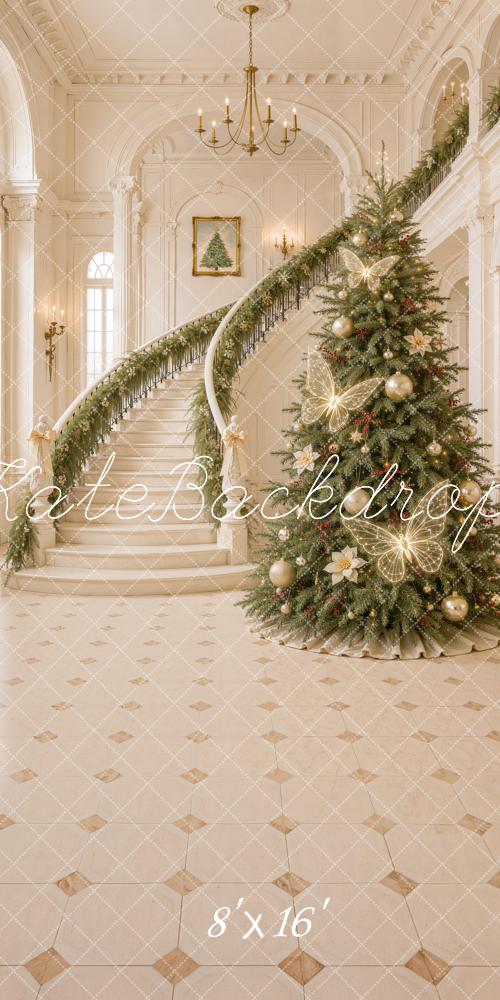 Kate Christmas Tree Cascading Stairs Butterfly Lights Elegant Printed Backdrop Designed by Emetselch