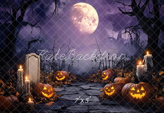 Kate Halloween Moon Cemetery Spooky Pumpkin Printed Backdrop Designed by Emetselch