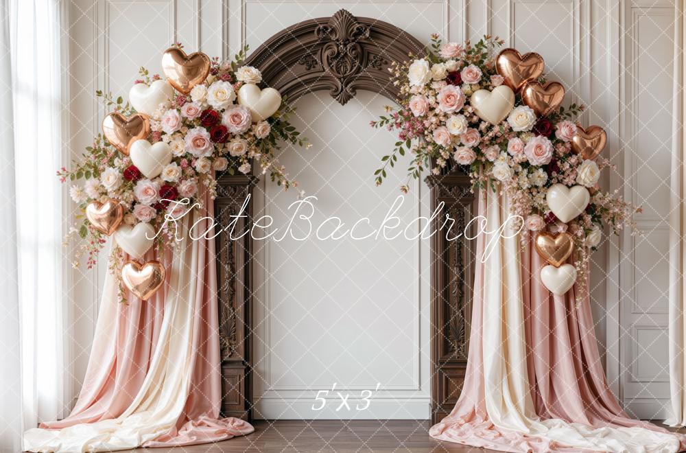 Kate Valentine's Day Flower Arch Heart Balloons Draped Curtains Printed Backdrop Designed by Mini MakeBelieve