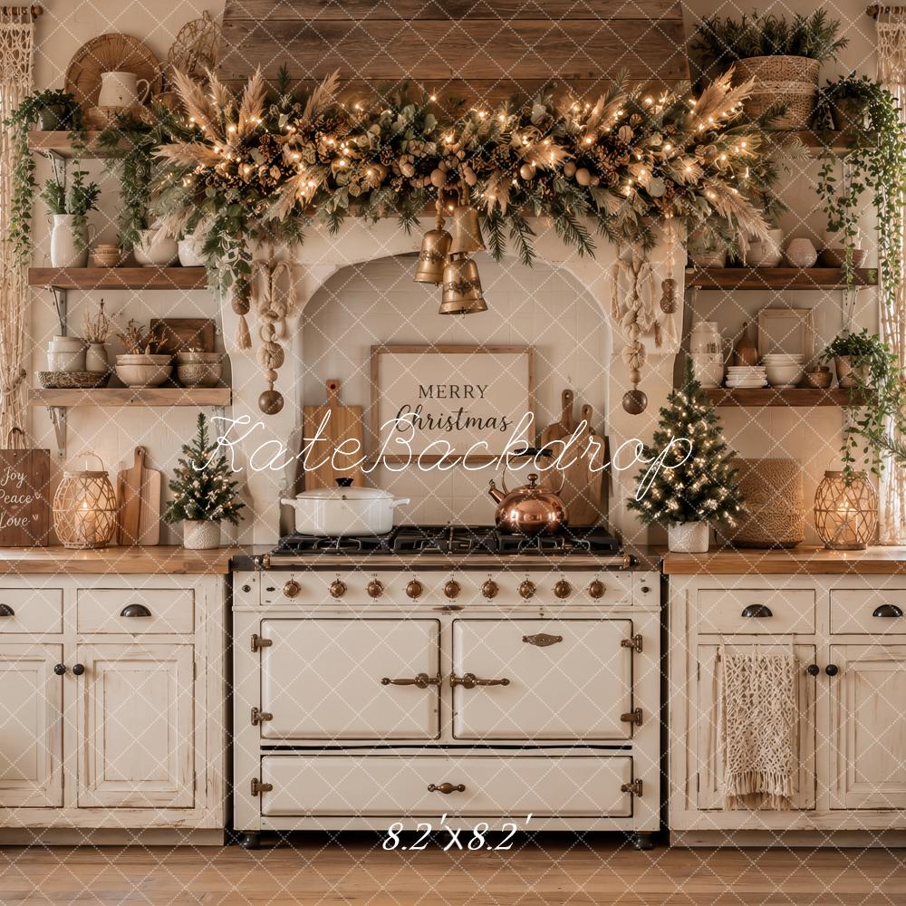 Kate Christmas Kitchen Boho Farmhouse Garland White Cabinet Printed Backdrop Designed by Ashley Paul
