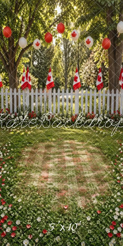 Kate Sweep Canada Day Flags White Picket Fence Garden Printed Backdrop Designed by Vertigo Productions