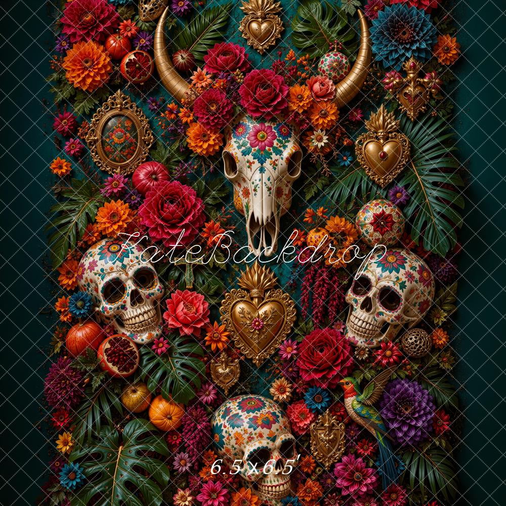 Kate Mexican Day Of The Dead Fine Art Skulls Floral Horns Printed Backdrop Designed by Ashley Ward
