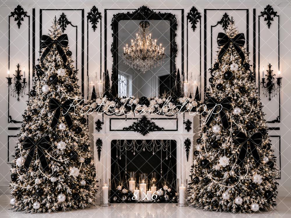 Kate Christmas Posh Black White Trees Fireplace Chandelier Printed Backdrop Designed by Ashley Paul
