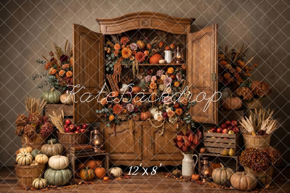 Kate Fall Brown Pumpkin Flower Vintage Cabinet Printed Backdrop Designed by Patty Roberts