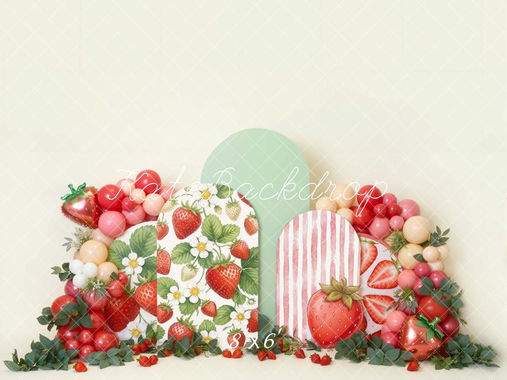 Kate Cake Smash Strawberry Balloon Arch Greenery Printed Backdrop Designed by Emetselch