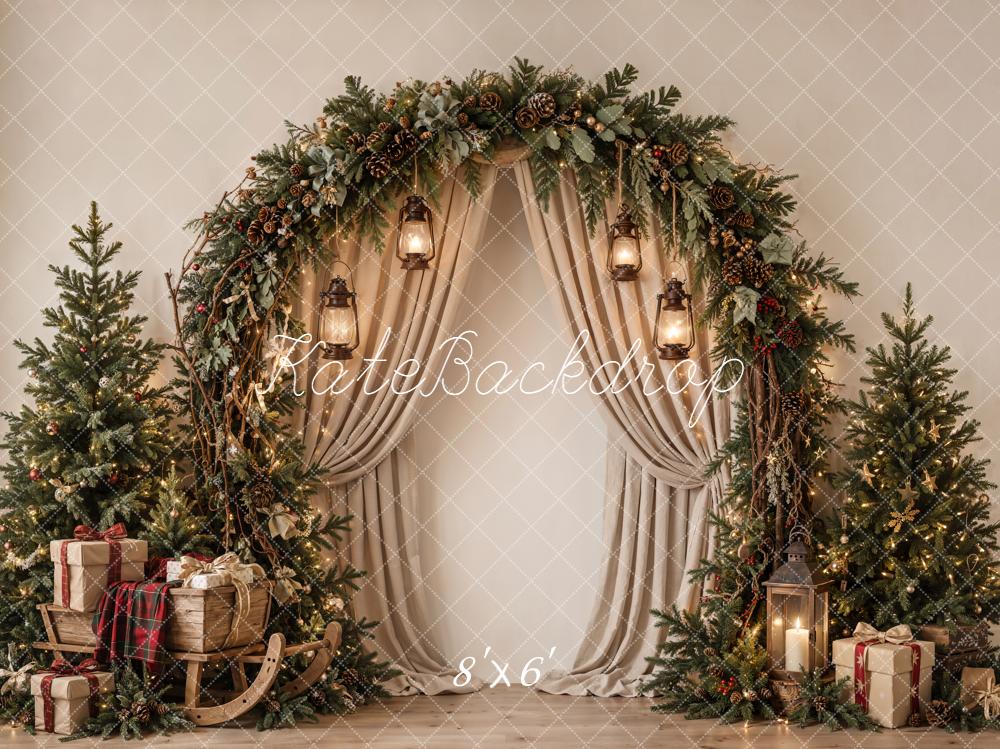 Kate Christmas Tree Evergreen Arch Draped Curtains Neutral Printed Backdrop Designed by Emetselch