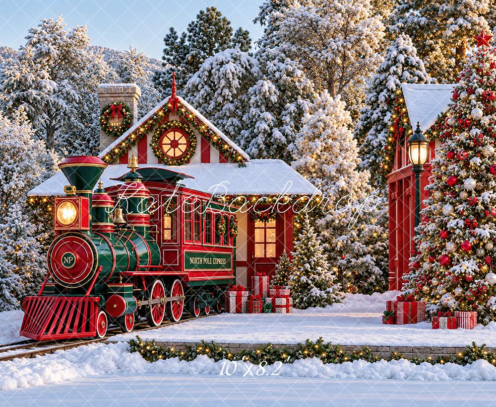 Kate Christmas Snowy Polar Train Station Trees Red Printed Backdrop Designed by Angela Miller