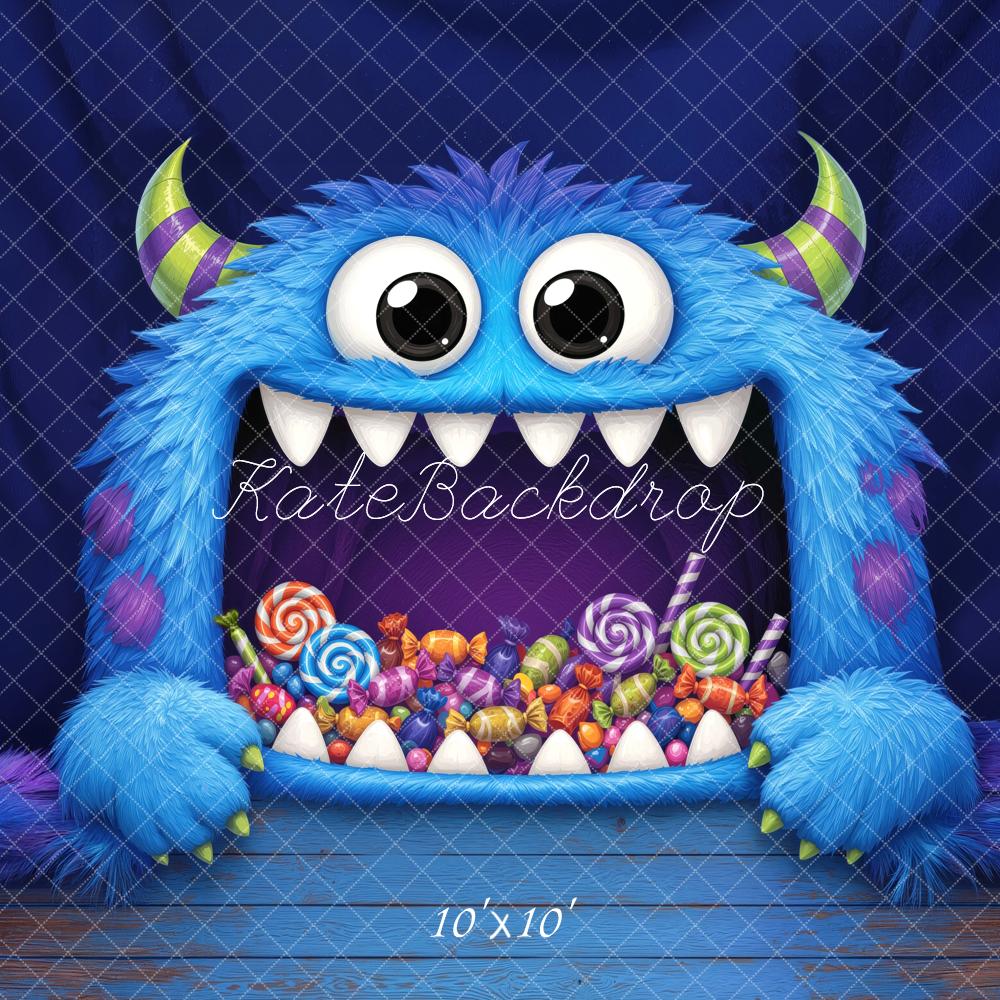 Kate Halloween Trunk or Treat Blue Furry Monster Candy Printed Backdrop Designed by Mini MakeBelieve