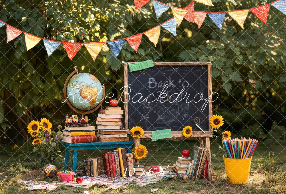 Kate Back To School Blackboard Books Globe Garden Sunflowers Backdrop Designed by Emetselch