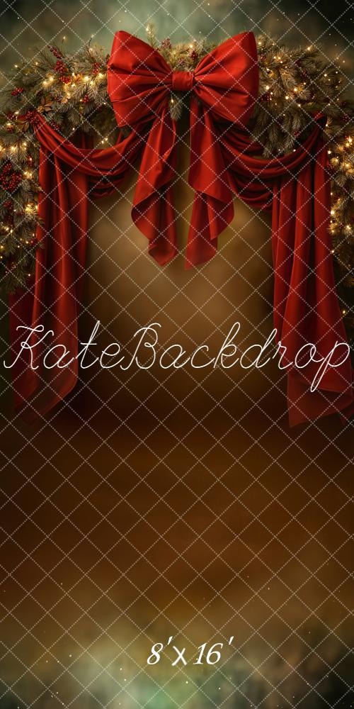Kate Sweep Christmas Red Bow Drapes Garland Lights Backdrop Designed by Emetselch