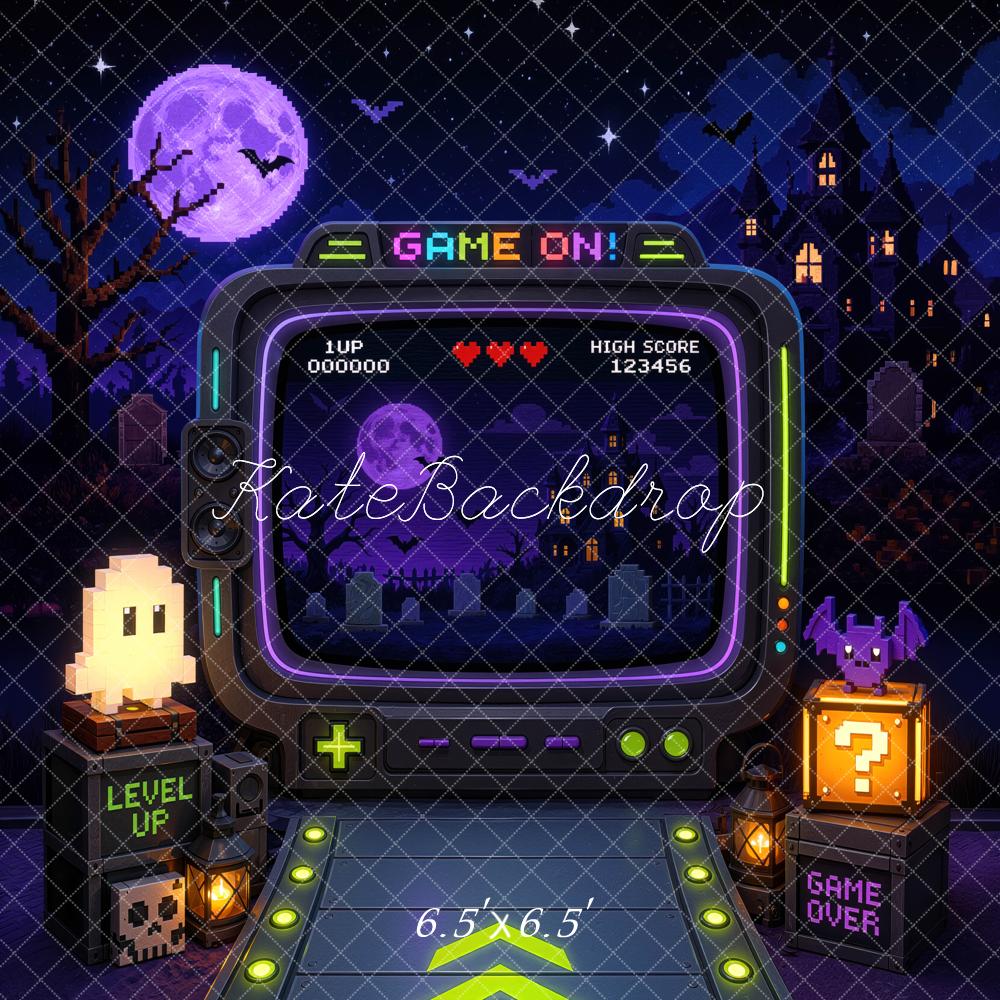 Kate Halloween Trunk or Treat Video Games Haunted House Printed Backdrop Designed by Mini MakeBelieve