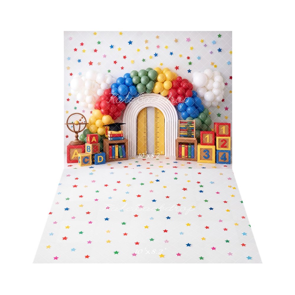 Kate Back to School Rainbow Balloon Arch Books Blocks Printed Backdrop+Colorful Star Pattern White Grid Printed Backdrop
