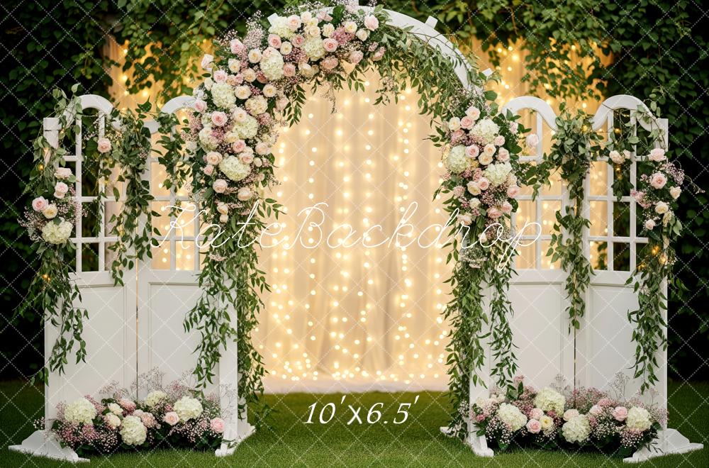 Kate Flower Arch White Gate Greenery Fairy Lights Backdrop Designed by Patty Roberts