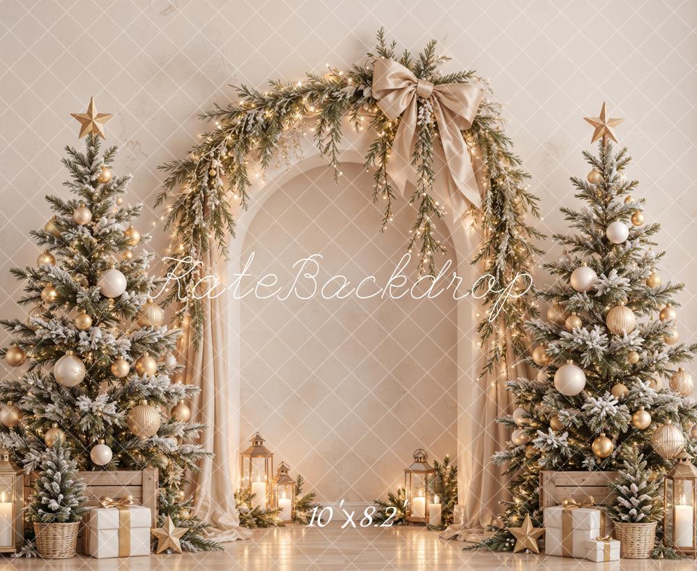 Kate Christmas Tree Arch Garland Bow Gold Ornaments Printed Backdrop Designed by Emetselch