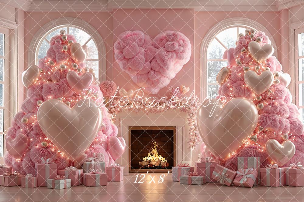 Kate Valentine's Day Plush Pink Trees Heart Fireplace Backdrop Designed by Emetselch