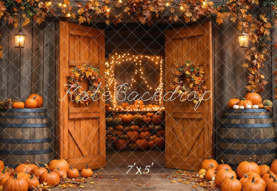 Home Kate Fall Barn Wooden Door Pumpkins Backdrop Designed by Emetselch