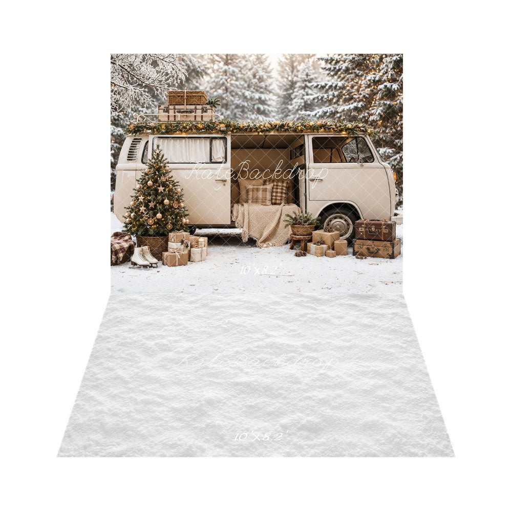 Kate Christmas Tree Camper Van Snowy Forest Gifts Printed Backdrop+White Snow Floor Printed Backdrop