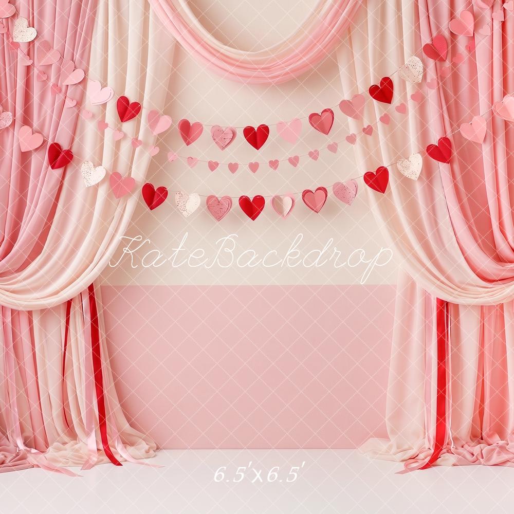 Kate Valentine's Day Heart Bunting Draped Curtains Bow Printed Backdrop Designed by Angela Miller