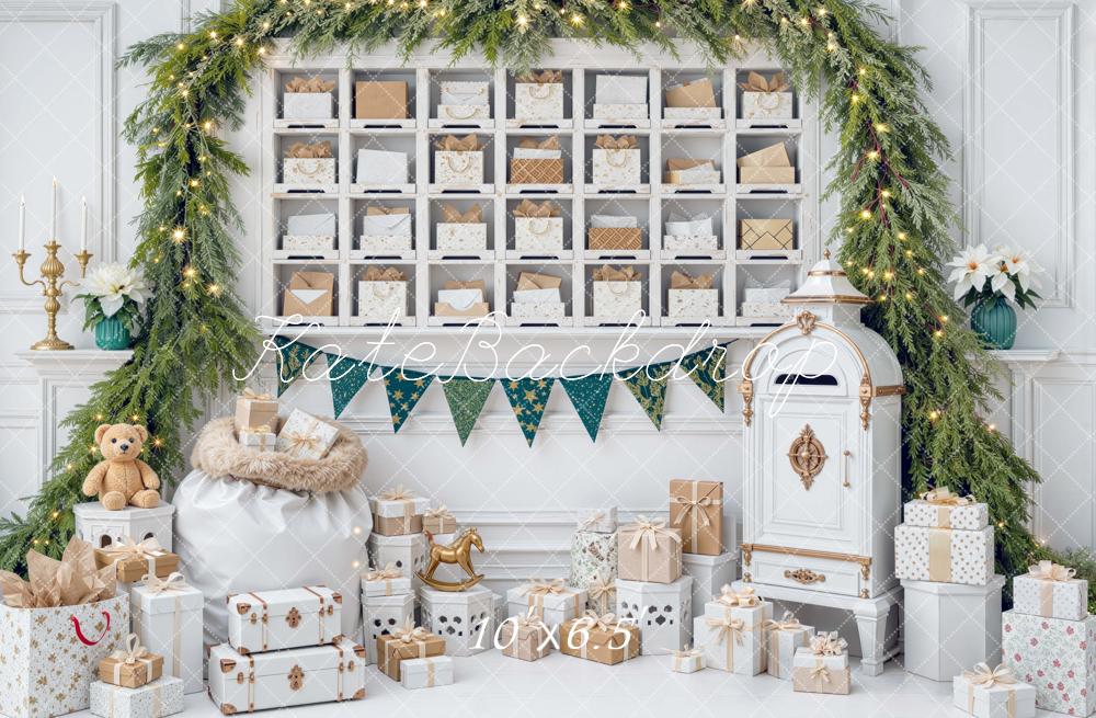 Kate Christmas White Interior Mailbox Evergreen Garland Gift Printed Backdrop Designed by Mini MakeBelieve