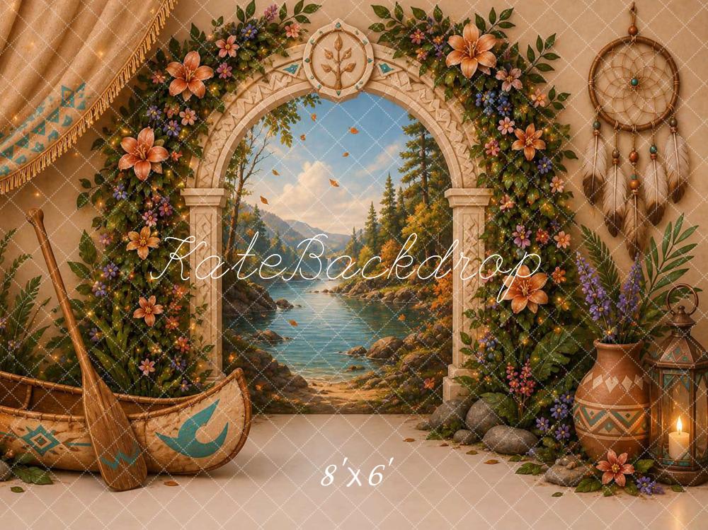 Kate Tropical Canoe Floral Archway Mountain Lake Dreamcatcher Printed Backdrop Designed by Caitlin Lynch