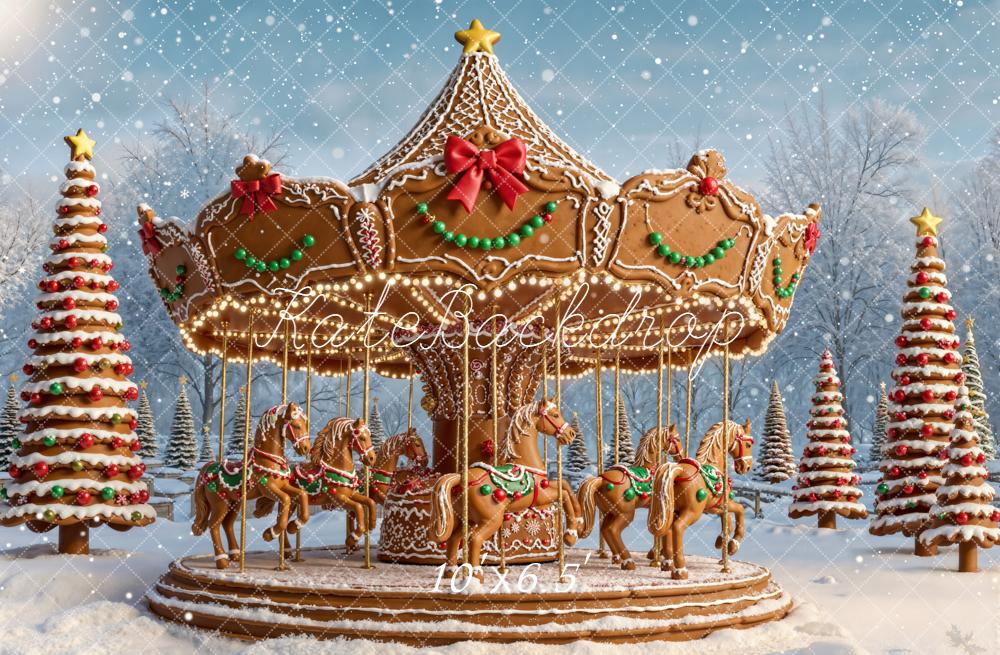 Kate Christmas Carousel Gingerbread Horses Snowy Trees Backdrop Designed by Emetselch