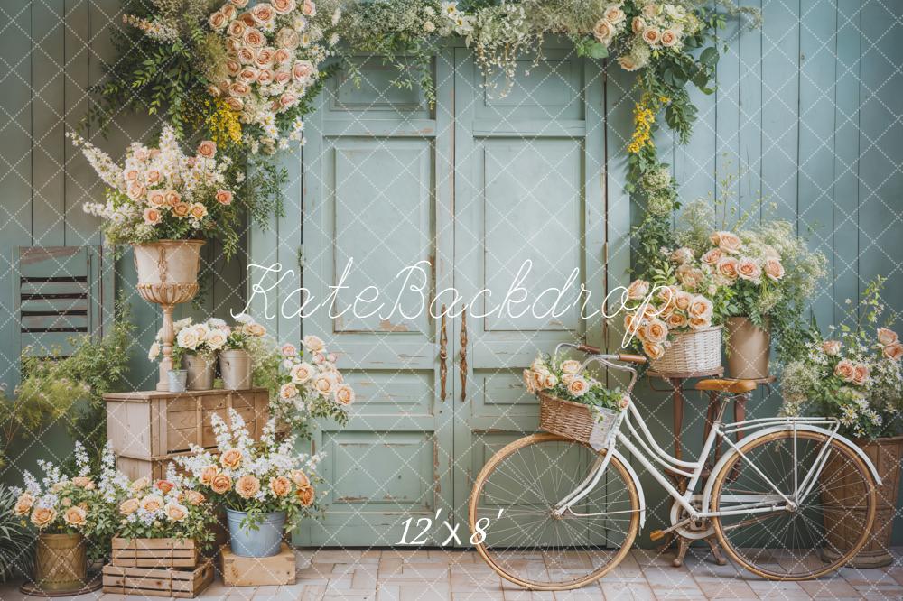 Kate Spring Flower Arch Bicycle Mint Green Door Printed Backdrop Designed by Emetselch