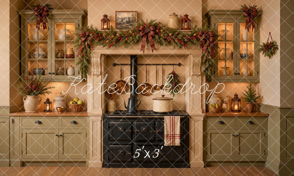 Kate Christmas Rustic Green Kitchen Stove Garland Printed Backdrop Designed by Ashley Ward